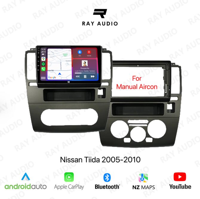 Stereo system in a Nissan Tiida 2005-2010 with a digital display and various connectivity options.