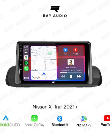 Stereo system in a Nissan X-Trail 2021+, featuring a touchscreen display, advanced navigation, Bluetooth, USB, Apple CarPlay, Android Auto, and premium sound quality