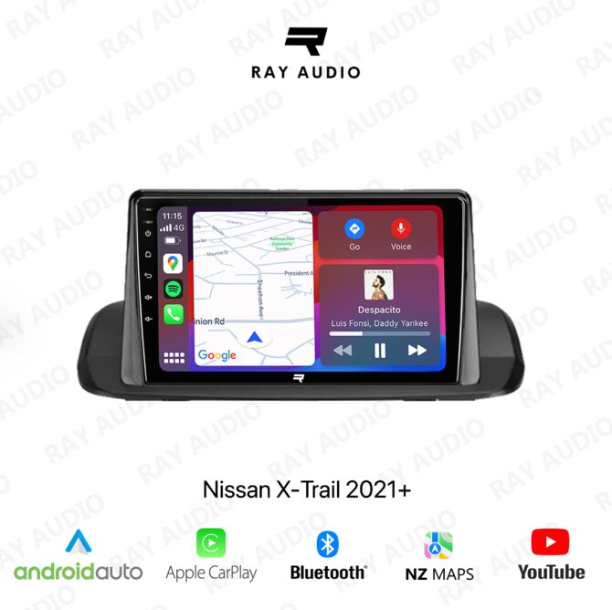 Stereo system in a Nissan X-Trail 2021+, featuring a touchscreen display, advanced navigation, Bluetooth, USB, Apple CarPlay, Android Auto, and premium sound quality